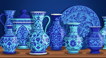 Flat illustration of Multan Blue Pottery in cartoon style