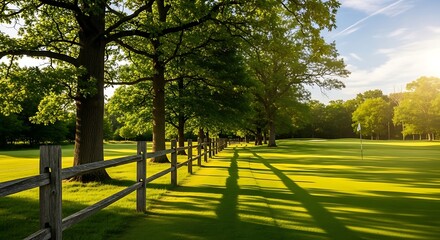 Obraz premium Sunlit Pathway Lined with Majestic Oak Trees and Rustic Wooden Fence.