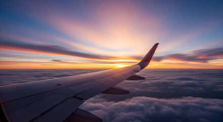 Obraz premium Aerial view from airplane window showcasing a stunning sunset over the clouds during flight