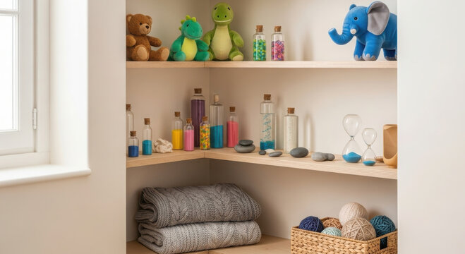 Cozy calm-down corner with sensory toys on a shelf.