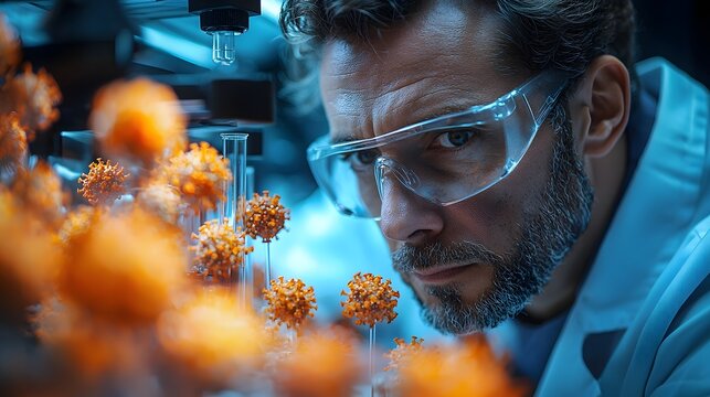 A scientist in a laboratory examines microscopic virus models with intense focus