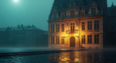 Grand building in rain with street reflections