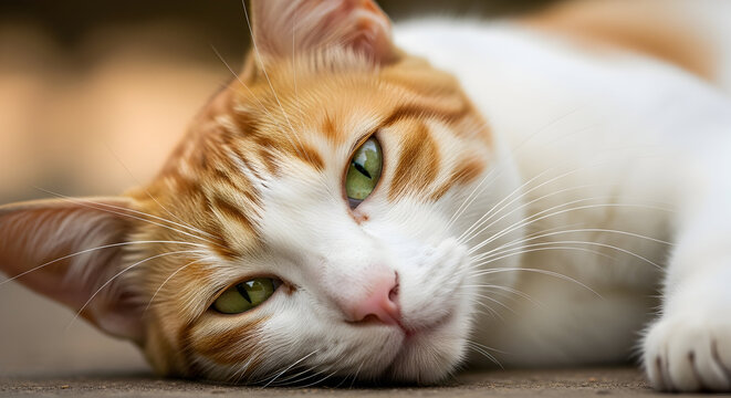 Close-up portrait of a sleepy orange and white cat showcasing its vibrant green eyes and delicate