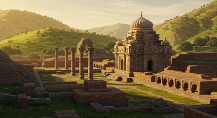 Flat cartoon style Taxila ruins with hills