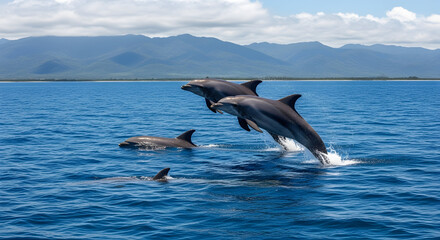 Graceful dolphins leaping and swimming in ocean waters against distant mountain views