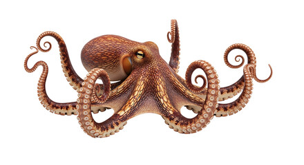 Detailed brown octopus with curled tentacles isolated PNG with Transparent Background