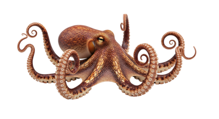 Detailed brown octopus with curled tentacles isolated PNG with Transparent Background