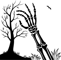 Skeleton Hand Reaching Out of the Ground with Bare Tree Vector