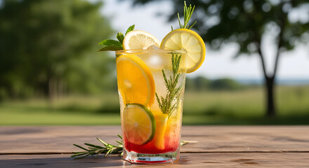 Refreshing citrus cocktail with rosemary served outdoors on a rustic wooden table
