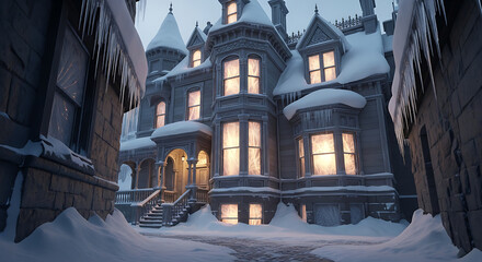 Victorian house covered in snow at winter evening