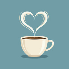 Retro style vector illustration of a warm coffee mug with aromatic steam forming a heart shape, representing a passion for a morning beverage