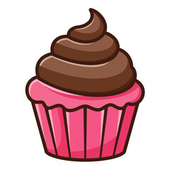 A delicious cartoon cupcake with a creamy swirl of chocolate frosting and a vibrant pink paper liner, a sweet dessert illustration