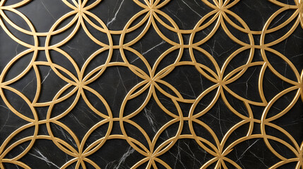 Interlocking gold geometric pattern on black marble