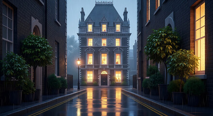 Elegant townhouse on rainy London street at night