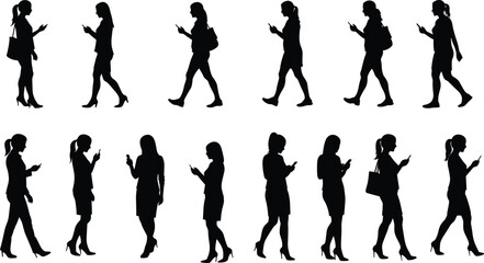 Silhouette Business Women Walking While Using Smartphones, Mobile Technology Addiction, Modern Urban Lifestyle, Digital Communication, Vector Illustration Isolated on White