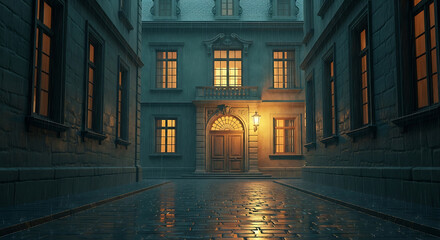 Rainy street in old European town at night