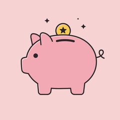 Vector icon of a pink piggy bank with a gold coin, symbolizing the concept of saving money, personal finance, and smart investment for the future