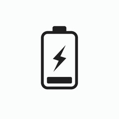 Flat vector graphic illustration of a battery charging icon. Simple black symbol with a lightning bolt representing power, energy, and electricity, isolated on a white background