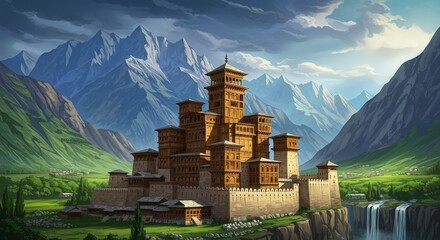 Cartoon vector of Baltit Fort Hunza with mountains