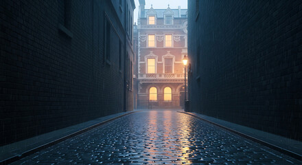 Rainy cobblestone street in London alleyway