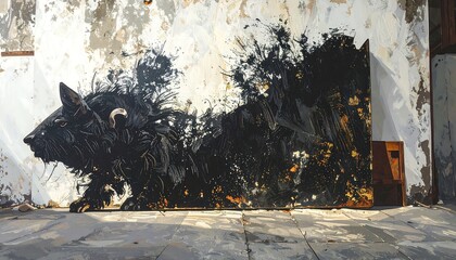 Abstract animal mural on aged wall