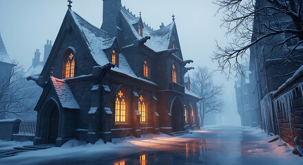 Gothic building in winter, snowy street with warm light