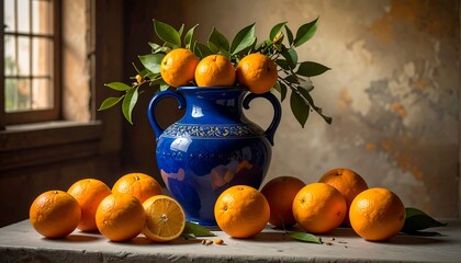 Still life of oranges in a blue vase