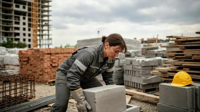 A female construction worker lifts a heavy concrete block at a building site. A strong woman performing manual labor. Gender equality in the skilled trades industry.