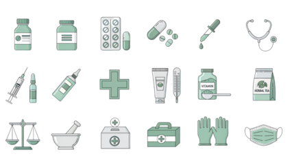 Set of medical and pharmaceutical elements, mint green and grey, representing healthcare and medicine collection.
