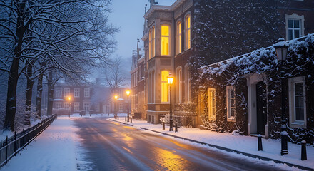 Snowy street scene with illuminated buildings at dusk