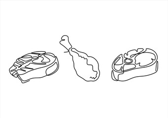 Line art depiction of meat cuts steak chicken leg and chop. line icon-continuous line drawing. Editable stroke. 
