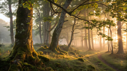 Obraz premium Autumn forest path with colorful leaves and sunlight filtering through the trees.