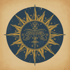 Mystical Sun Face Illustration with Ethnic Design Elements