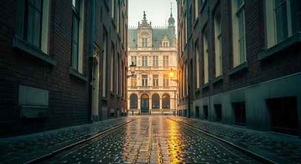 Historic building on rainy street in Antwerp, Belgium