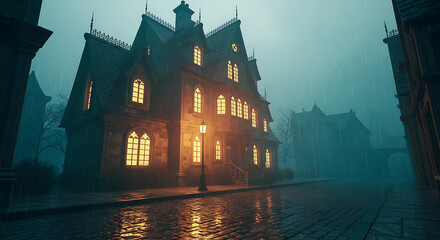 Victorian house in the rain at night with glowing windows