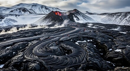 Volcanic Landscape in Iceland with Flowing Lava and Snow-Capped Mountains.