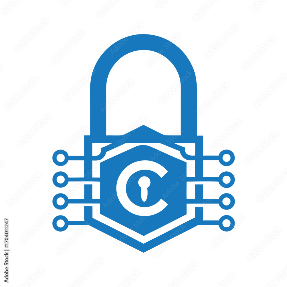 Poster blue digital padlock icon with circuit board elements and keyhole security technology
