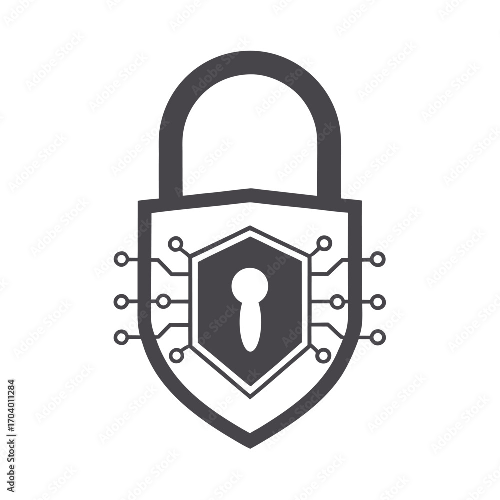 Poster dark grey digital security lock icon with circuit board elements technology data