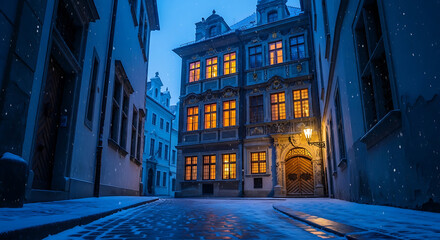 Snowy European street at night with warm lights