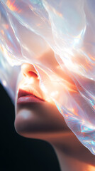 Woman in peaceful meditation with flowing ethereal light aura. Spiritual soul healing portrait with iridescent energy waves. Divine zen mindfulness moment showing inner transcendent harmony.