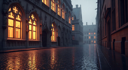 Rainy street with gothic architecture at night