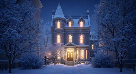Victorian house in winter night with snow