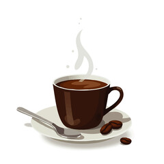 Obraz premium A steaming brown coffee cup on a saucer with a silver spoon and roasted coffee beans.