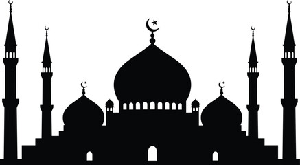 Silhouette of Islamic mosque with domes and minarets, crescent moon and star symbol, perfect for Ramadan or Eid designs.