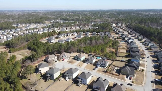 Aerial landscape Grovetown suburb in winter after Hurricane Helene in Appling Augusta Georgia