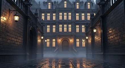Grand building facade with warm lights in the fog