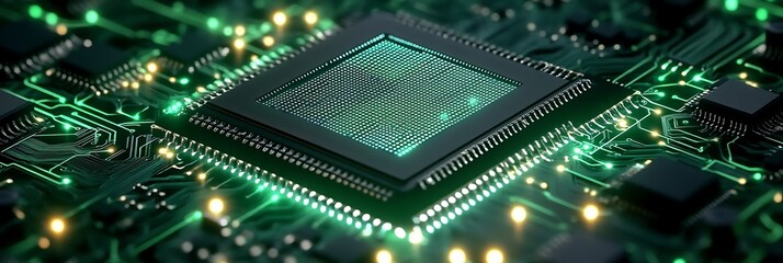 Obraz premium Futuristic Green Glowing Microchip on Circuit Board Representing Digital Data Processing and Technology