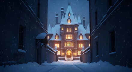 Snowy castle facade with warm window lights in winter