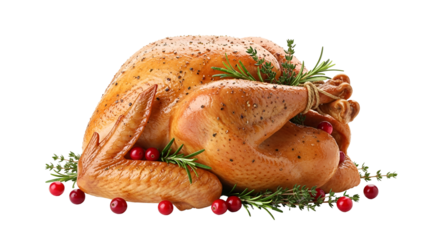 Roasted turkey garnished with cranberries and rosemary for Thanksgiving dinner isolated PNG with Transparent Background
