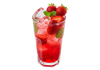 A vibrant glass of red strawberry drink with ice and fresh mint is displayed against a black background.